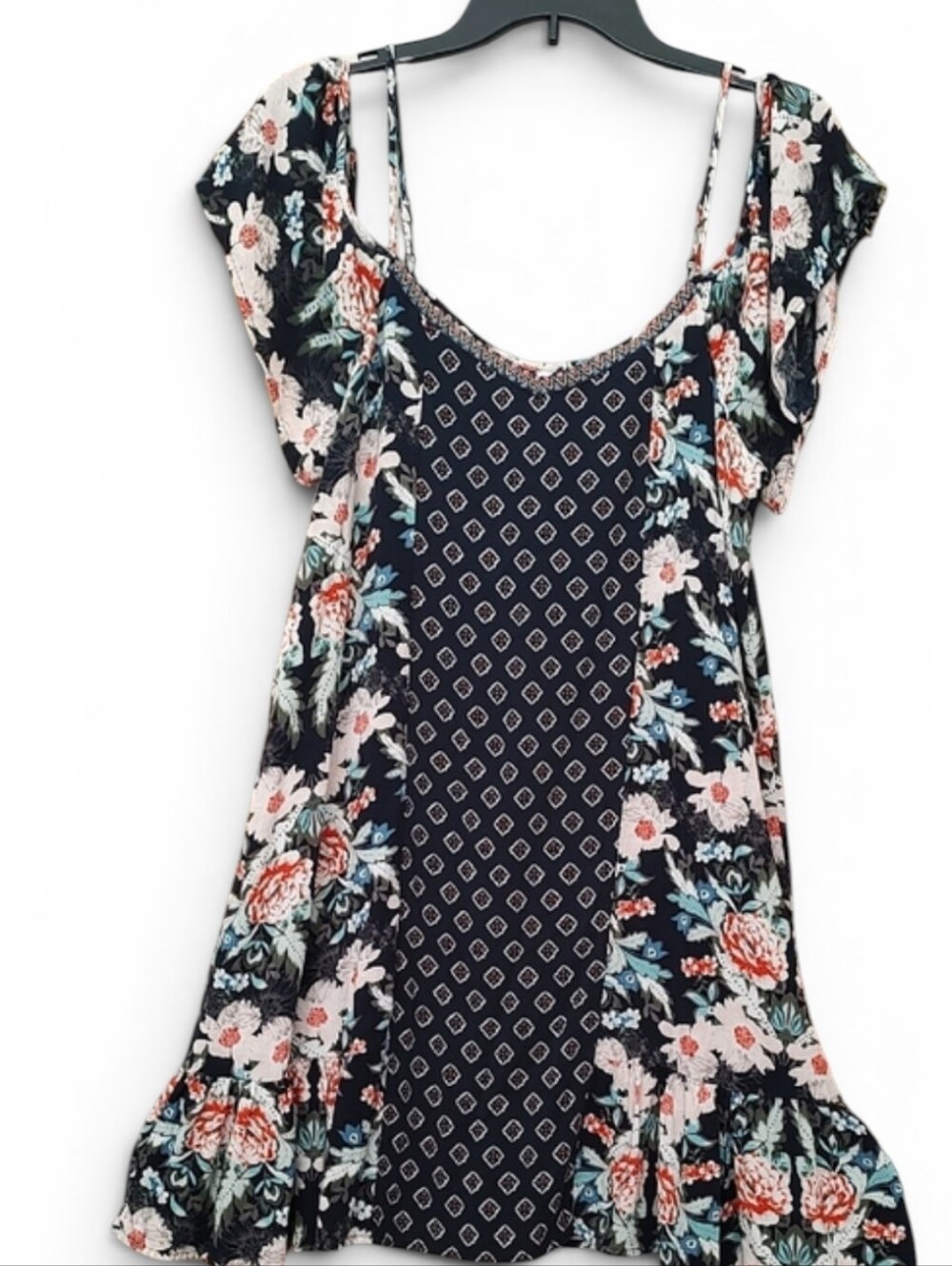 Xhilaration Navy Patterned Flutter-Sleeve Dress
